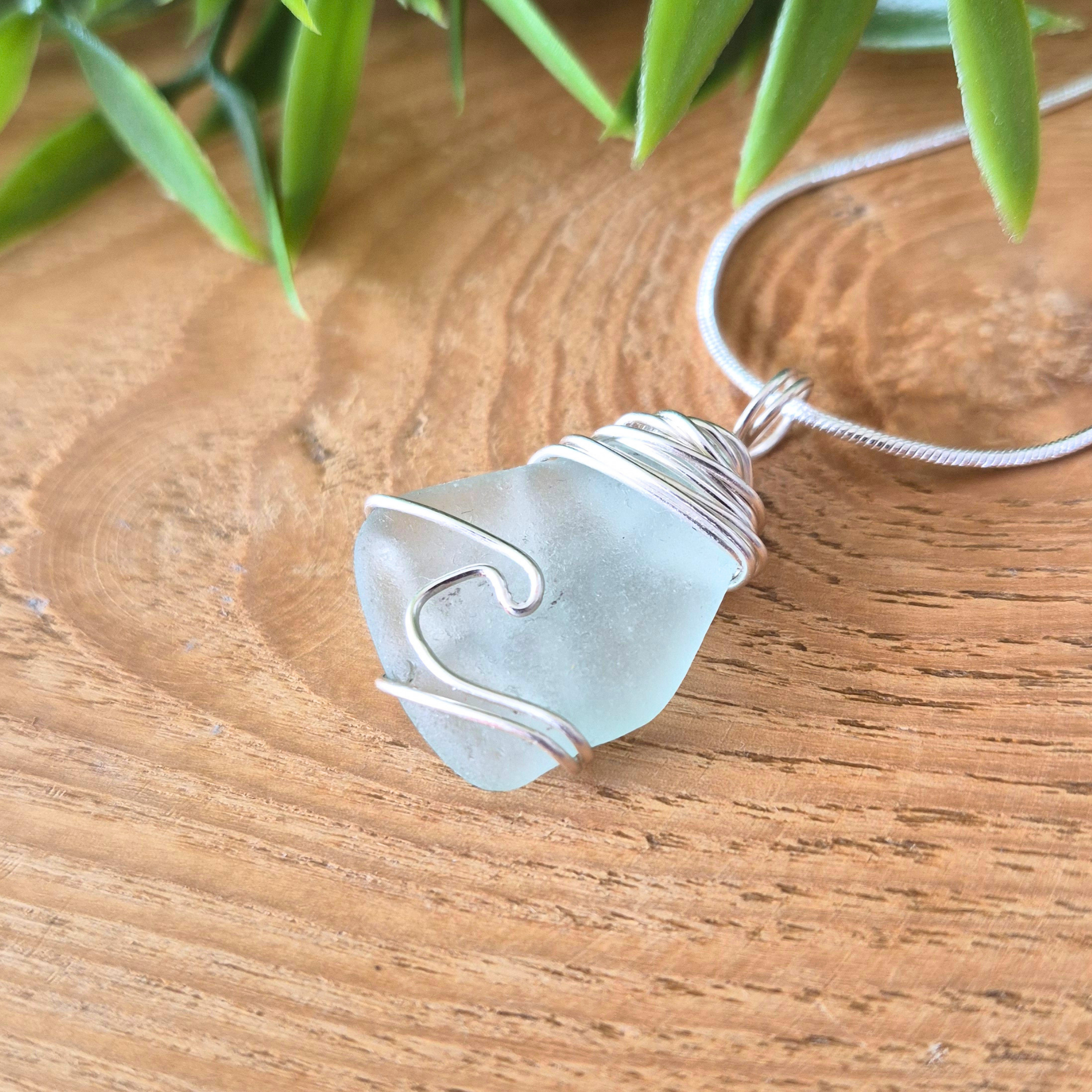 Silver Wrapped Blue Sea Glass Wave, Handmade Boho Silver Pendant, Gift for Her