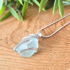 Silver Wrapped Blue Sea Glass Wave, Handmade Boho Silver Pendant, Gift for Her