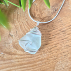 Silver Wrapped Blue Sea Glass Wave, Handmade Boho Silver Pendant, Gift for Her