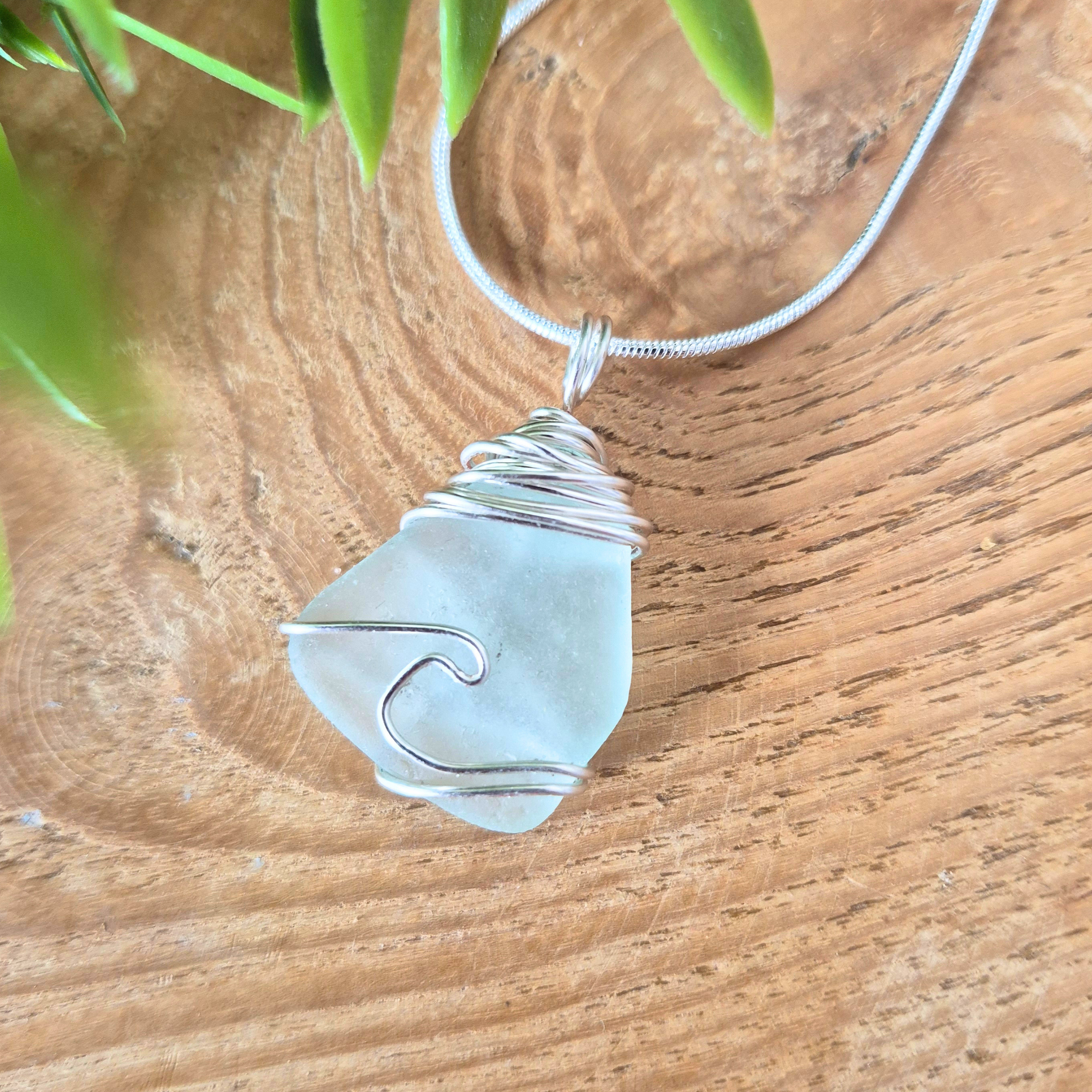 Silver Wrapped Blue Sea Glass Wave, Handmade Boho Silver Pendant, Gift for Her
