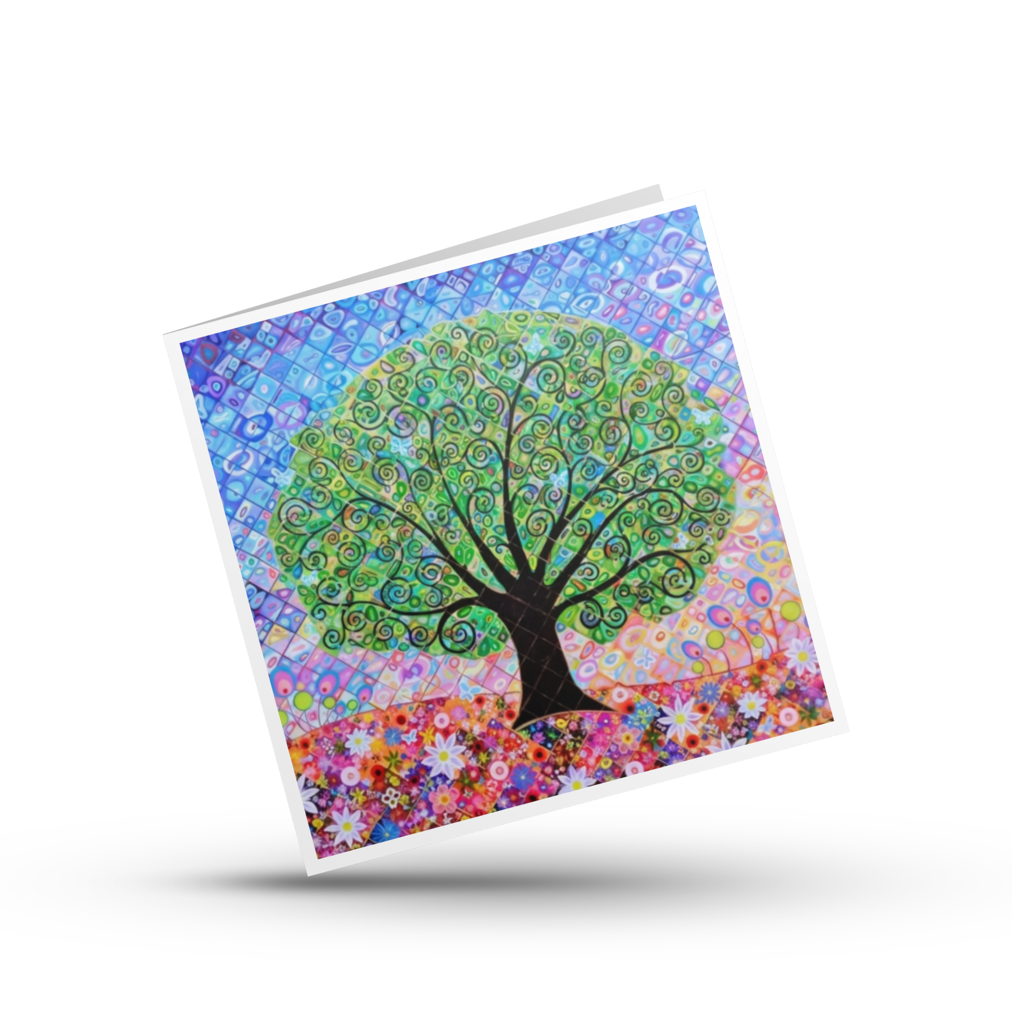 Colourful greeting card with a tree of life design with blue butterflies on a white background by Mark Betson Artist