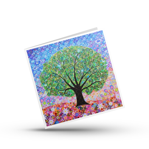 Colourful greeting card with a tree of life design with blue butterflies on a white background by Mark Betson Artist