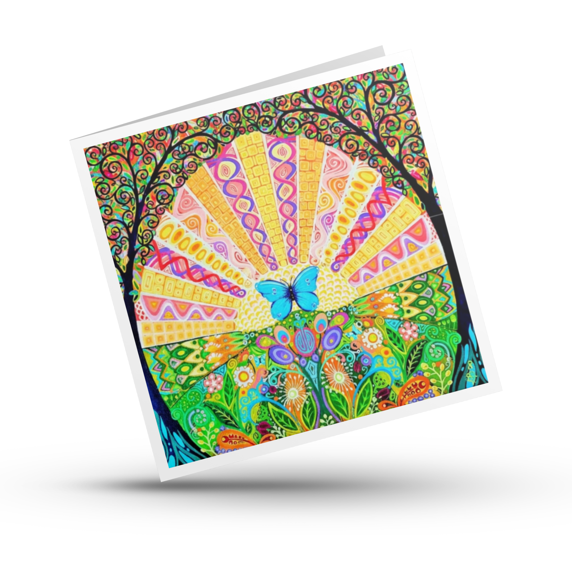 Colourful abstract design with a blue butterfly in the centre of sun rays and spiral trees  on a white background