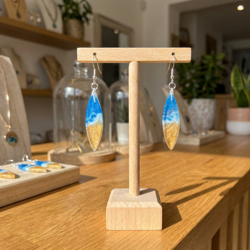 Pair of blue and gold earrings on a wooden stand with a blurred indoor background
