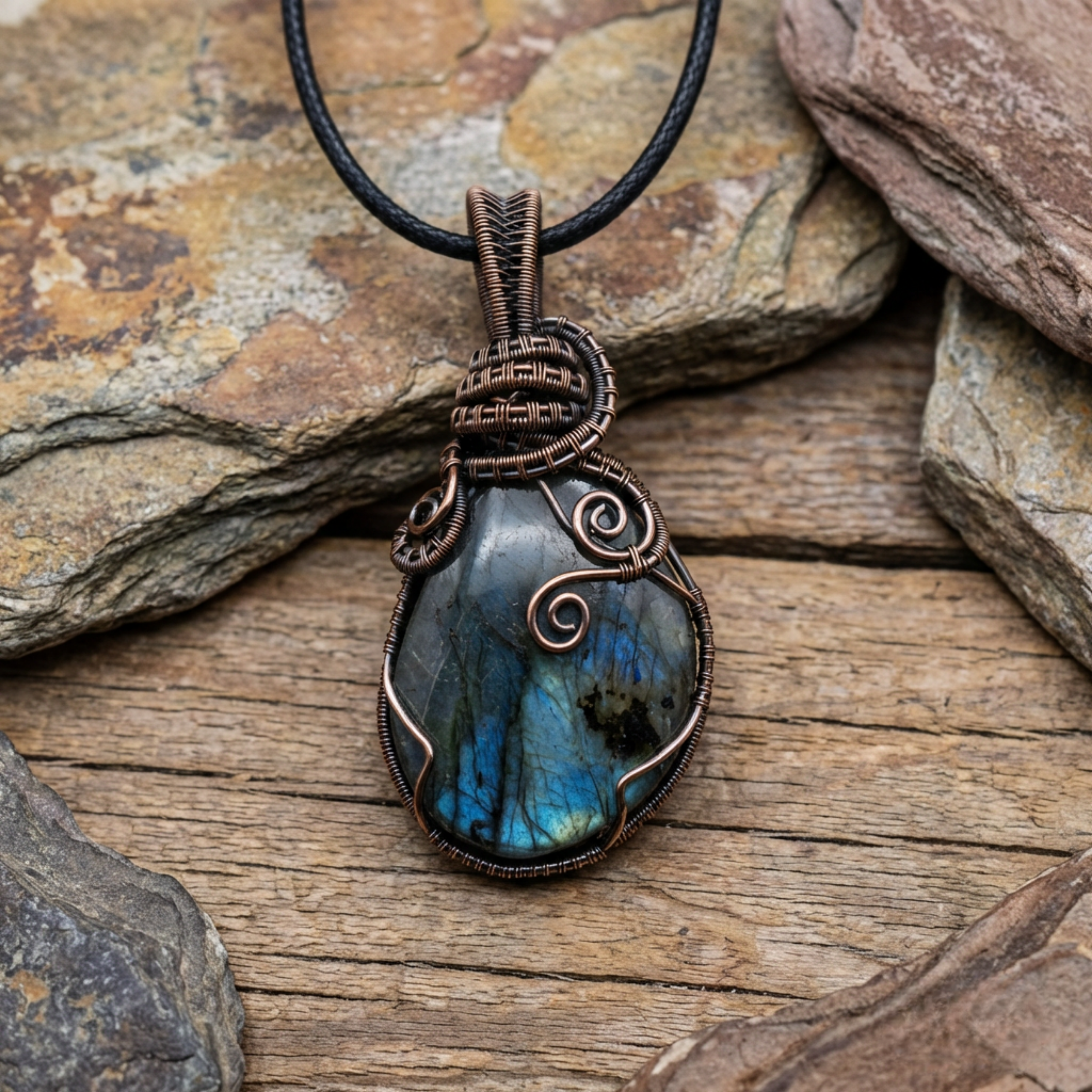 Labradorite pendant with copper wire wrapping on a wooden surface with stones