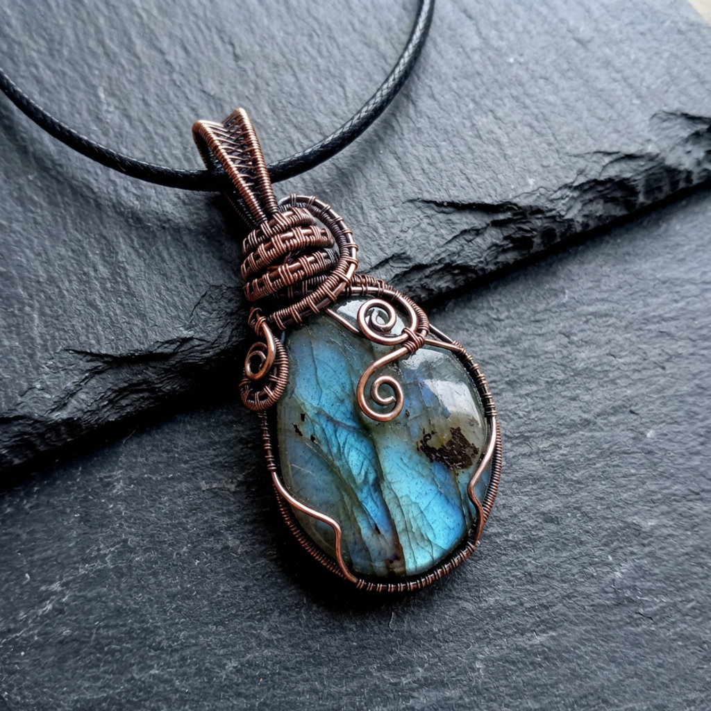 Necklace with a blue labradorite stone pendant on a dark surface