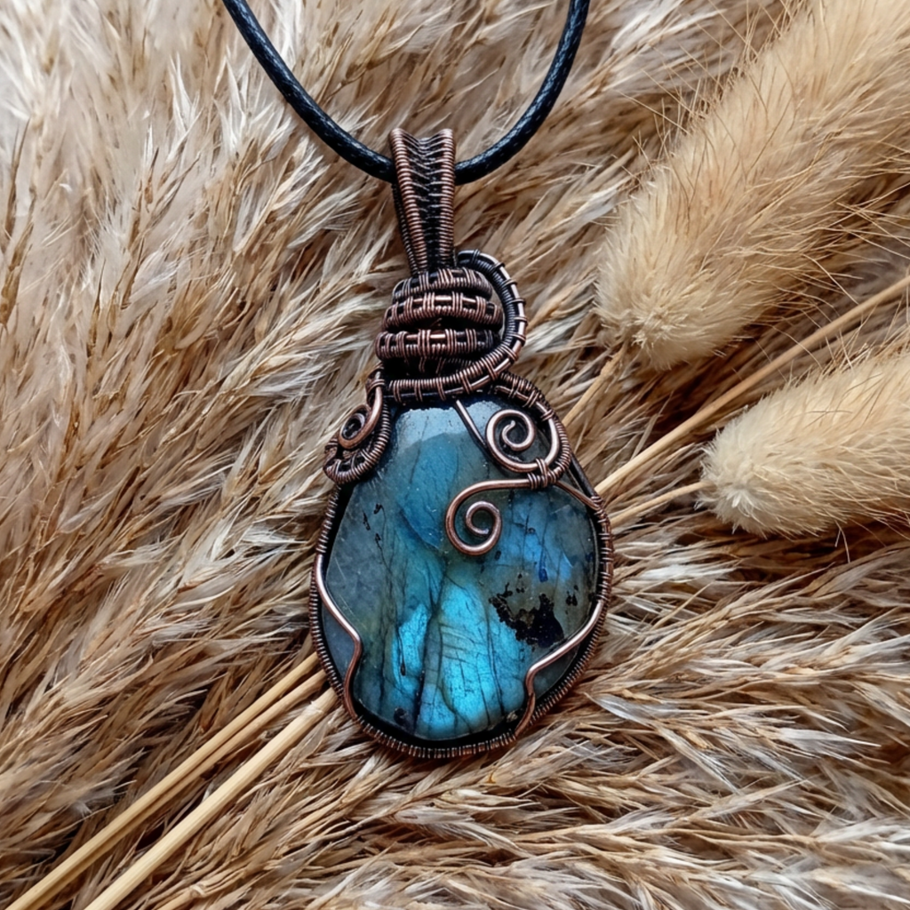 Necklace with a blue stone pendant on a textured brown background