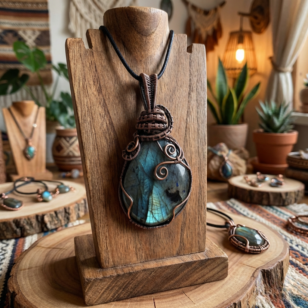 Jewellery display with a labradorite pendant on a wooden stand, surrounded by plants and other jewelry.