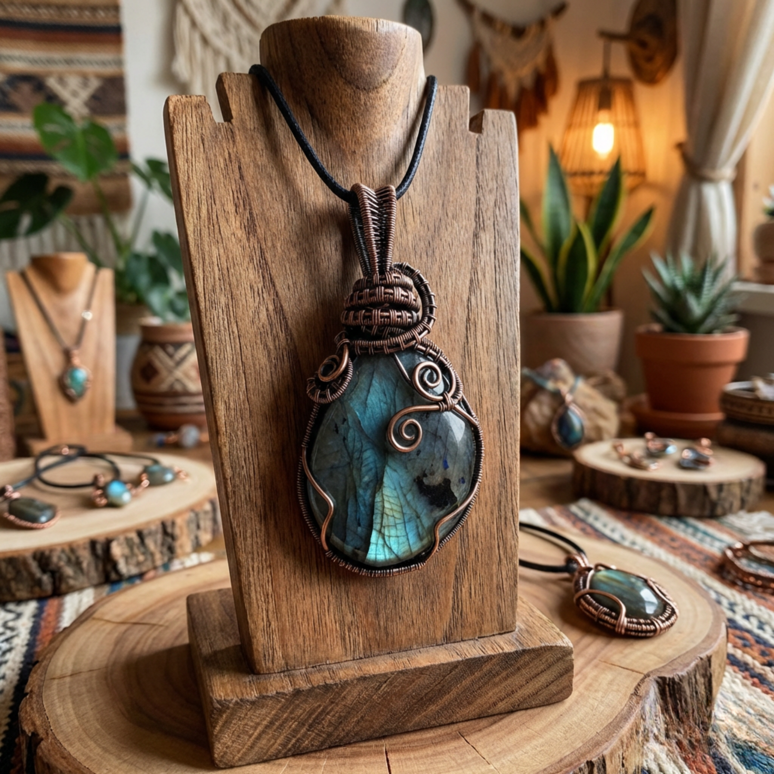 Jewellery display with a labradorite pendant on a wooden stand, surrounded by plants and other jewelry.