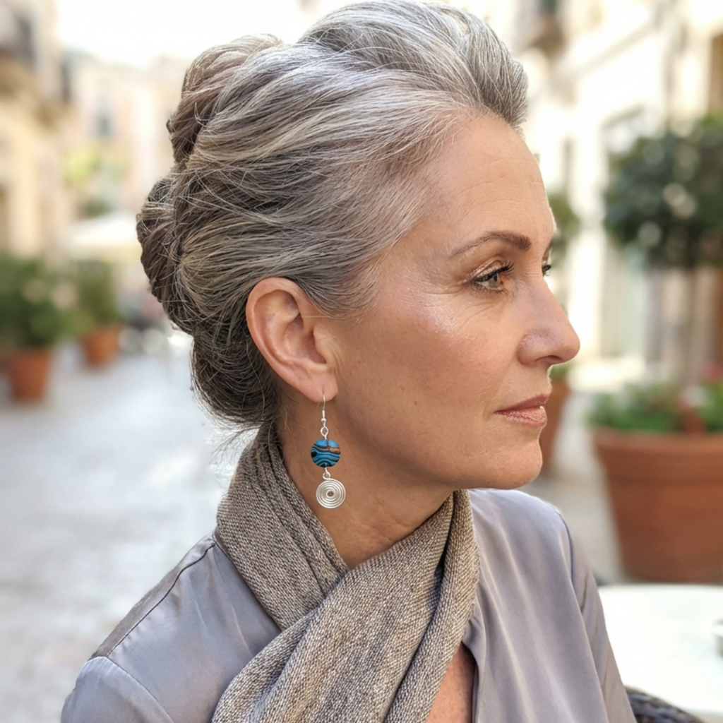 Woman with gray hair wearing earrings and a scarf in an outdoor setting