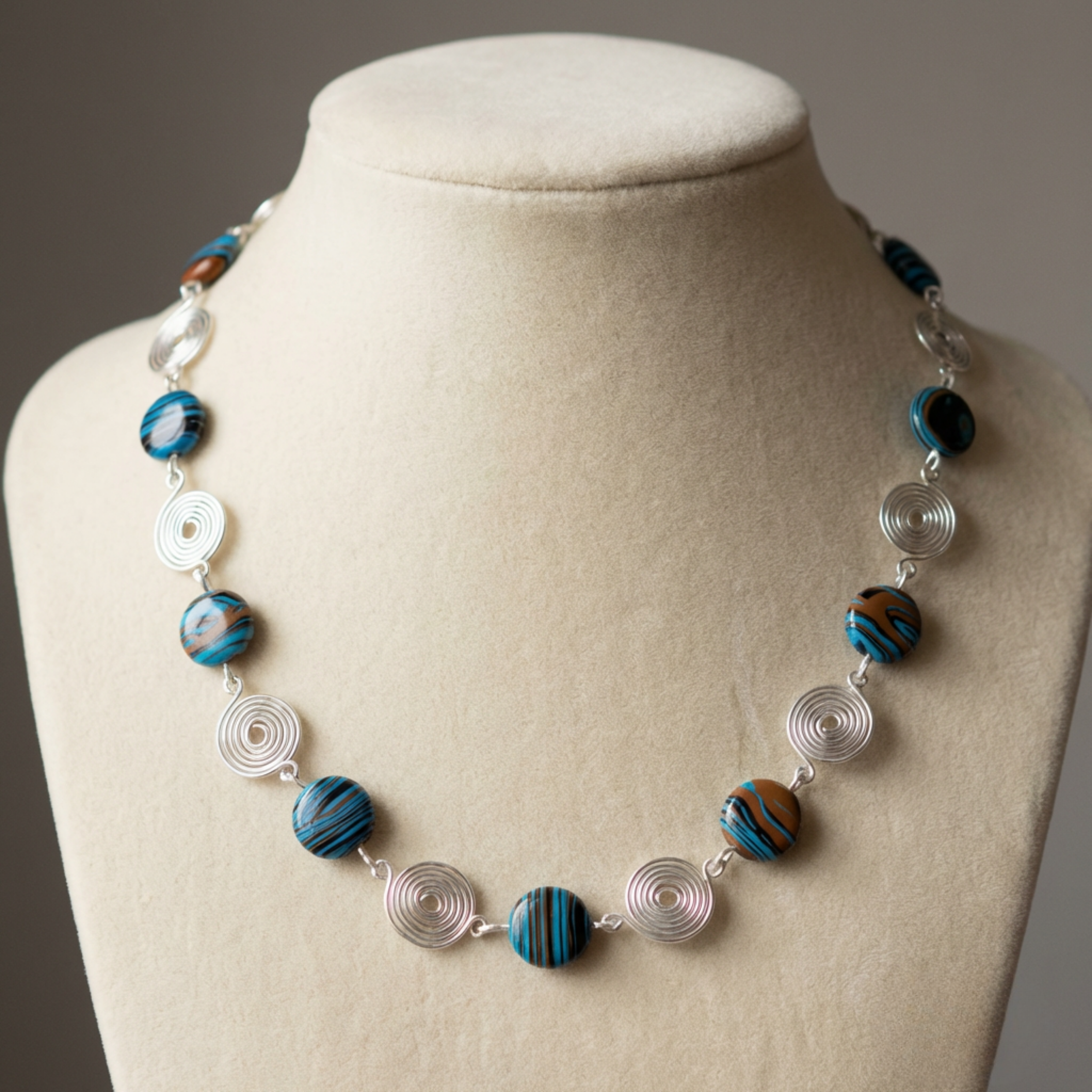 Necklace with blue and brown beads and silver spirals on a mannequin bust against a grey background