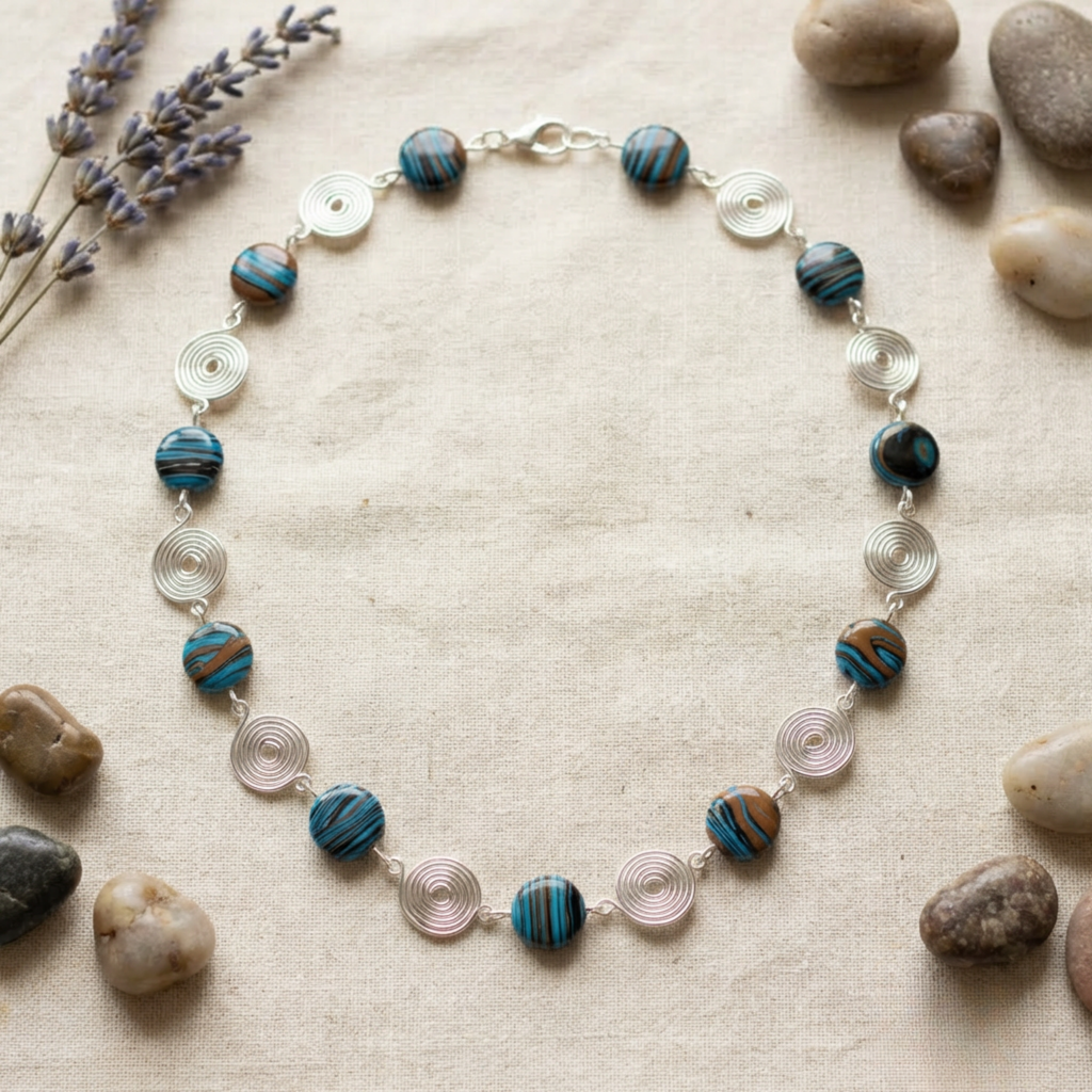 Necklace with blue and brown beads on a textured surface with stones and lavender.