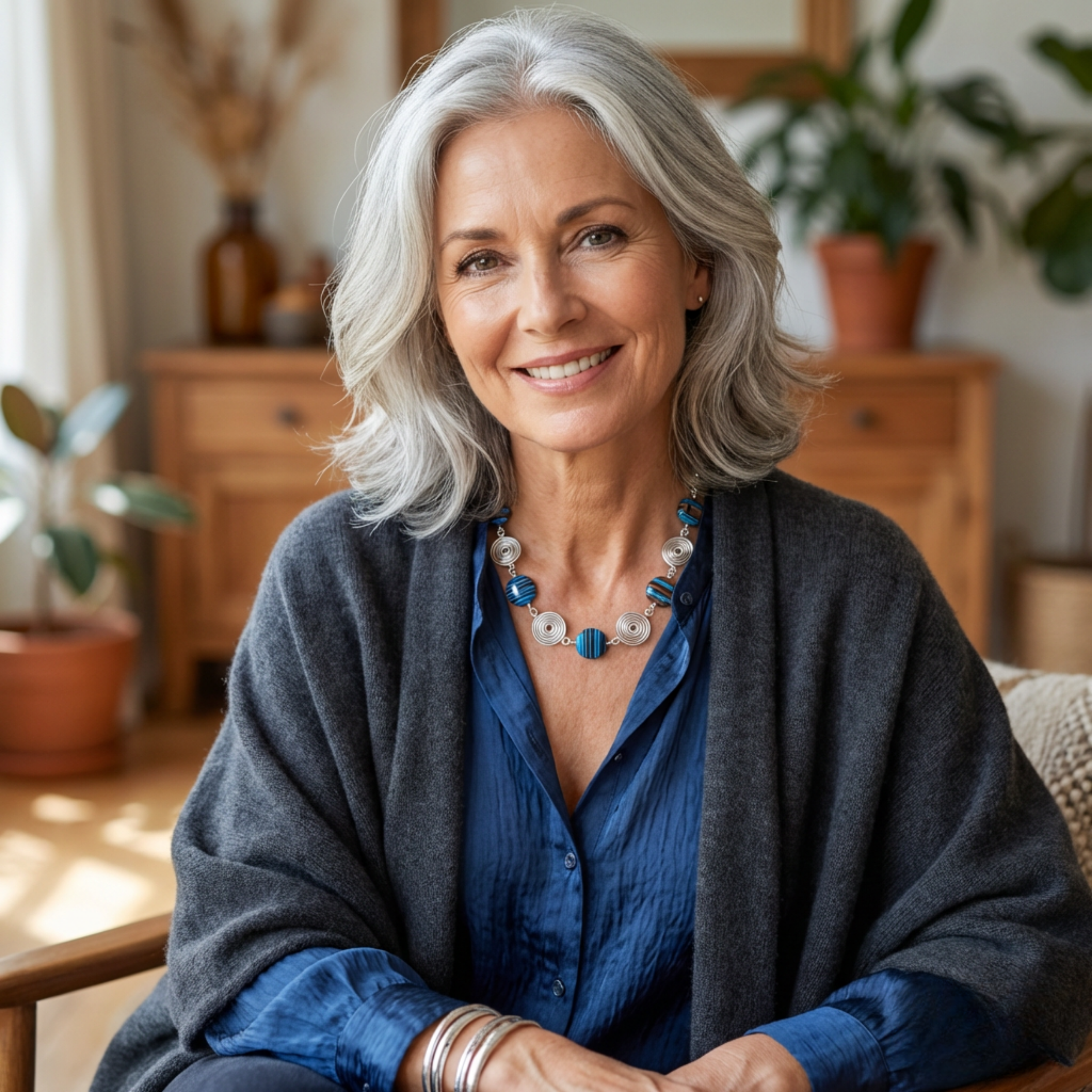Woman with gray hair wearing a blue shirt and gray cardigan in a home setting and a statement blue bead and silver spiral necklace