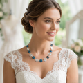 Woman wearing a stripy bead and spiral necklace with a blurred outdoor background