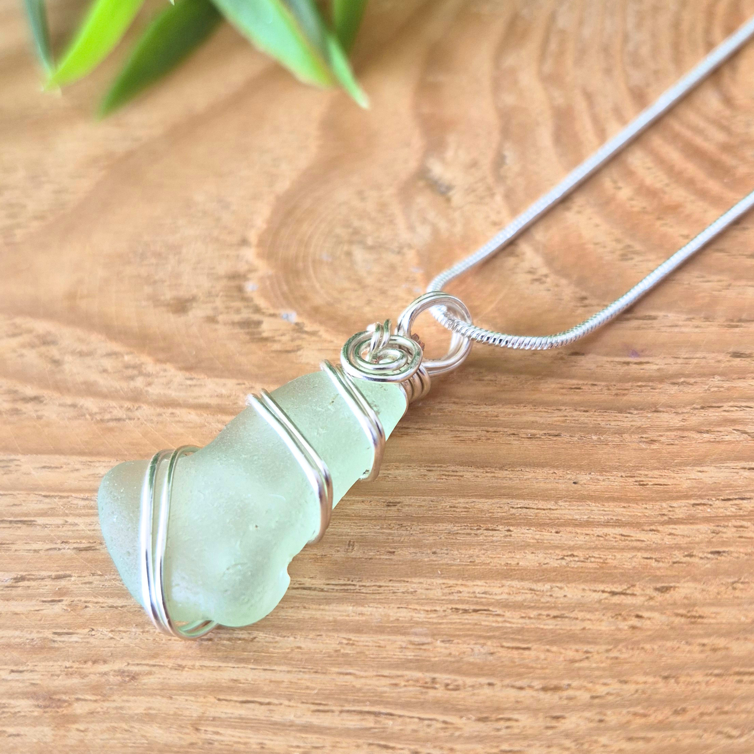 Silver Wrapped Blue Sea Glass Spiral, Handmade Boho Silver Pendant, Gift for Her
