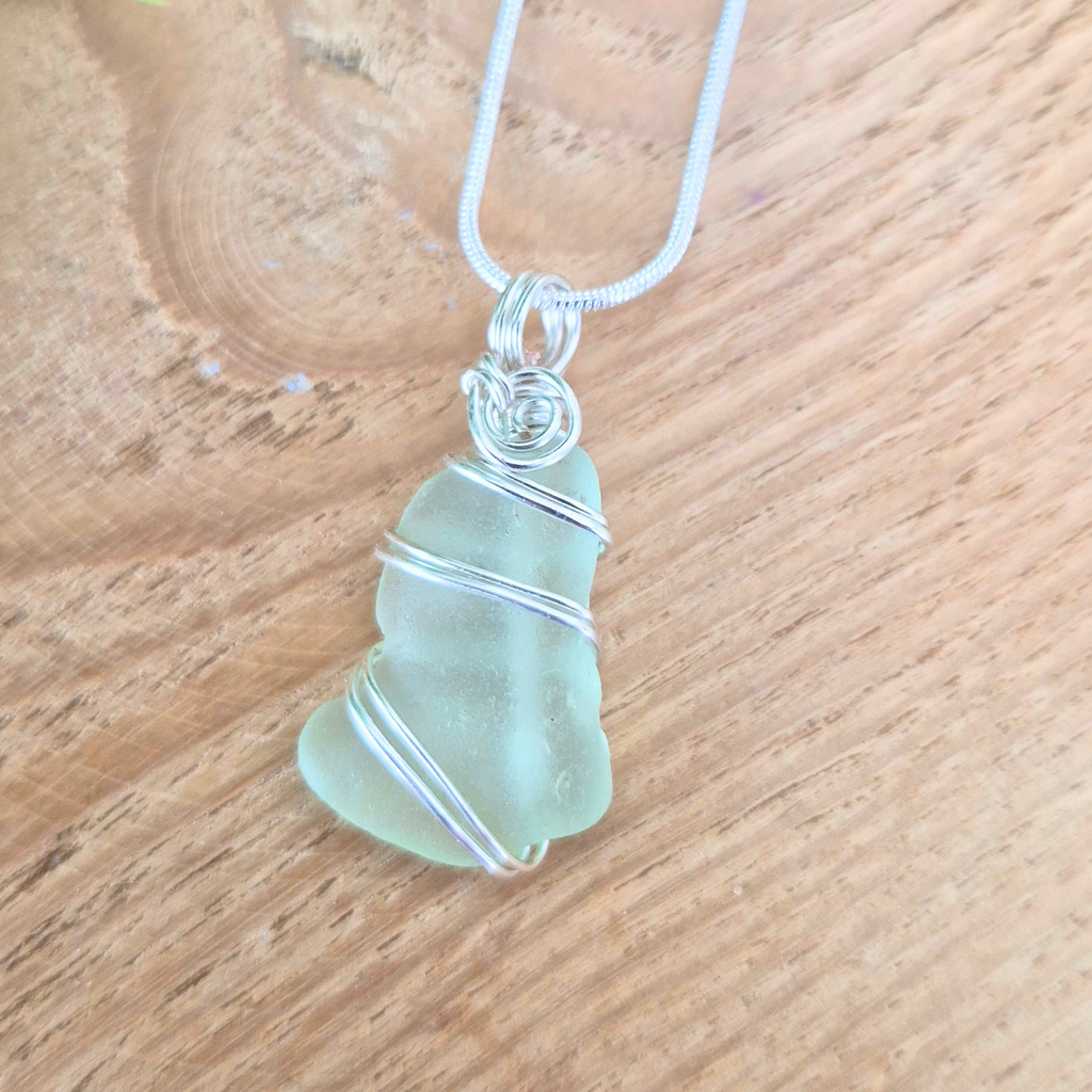 Silver Wrapped Blue Sea Glass Spiral, Handmade Boho Silver Pendant, Gift for Her
