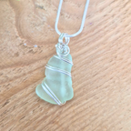 Silver Wrapped Blue Sea Glass Spiral, Handmade Boho Silver Pendant, Gift for Her