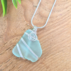 Silver Wrapped Blue Sea Glass Spiral, Handmade Boho Silver Pendant, Gift for Her