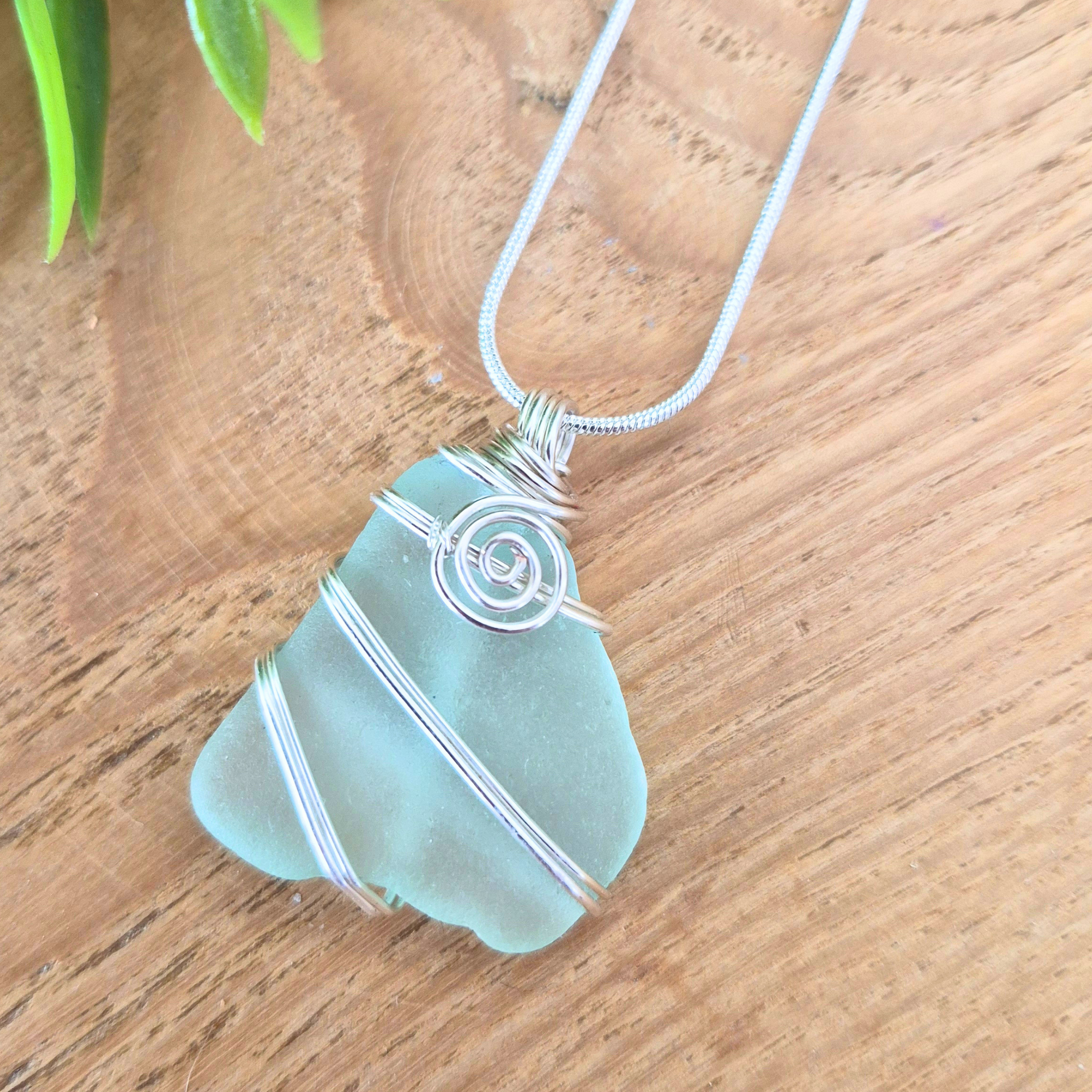 Silver Wrapped Blue Sea Glass Spiral, Handmade Boho Silver Pendant, Gift for Her