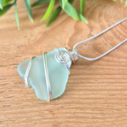 Silver Wrapped Blue Sea Glass Spiral, Handmade Boho Silver Pendant, Gift for Her