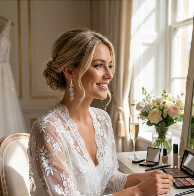Woman in a lace robe sitting at a vanity with makeup and flowers in a well-lit room.