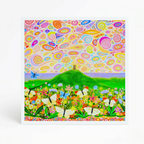 Colourful abstract landscape with insects, flowers and Glastonbury Tor on a white background