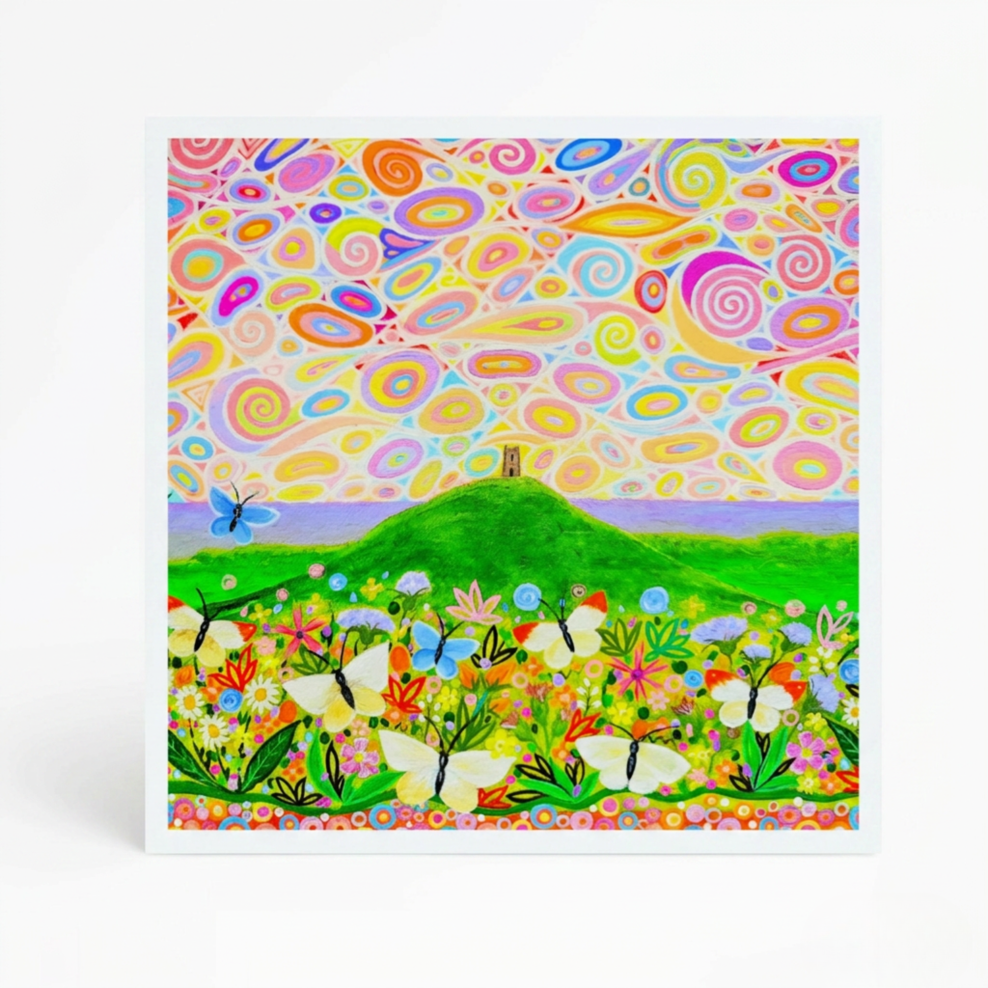 Colourful abstract landscape with insects, flowers and Glastonbury Tor on a white background