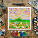 Colourful abstract painting of Glastonbury Tor on a wooden surface with art supplies.