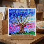 Colourful abstract tree painting on a stand with a blurred background