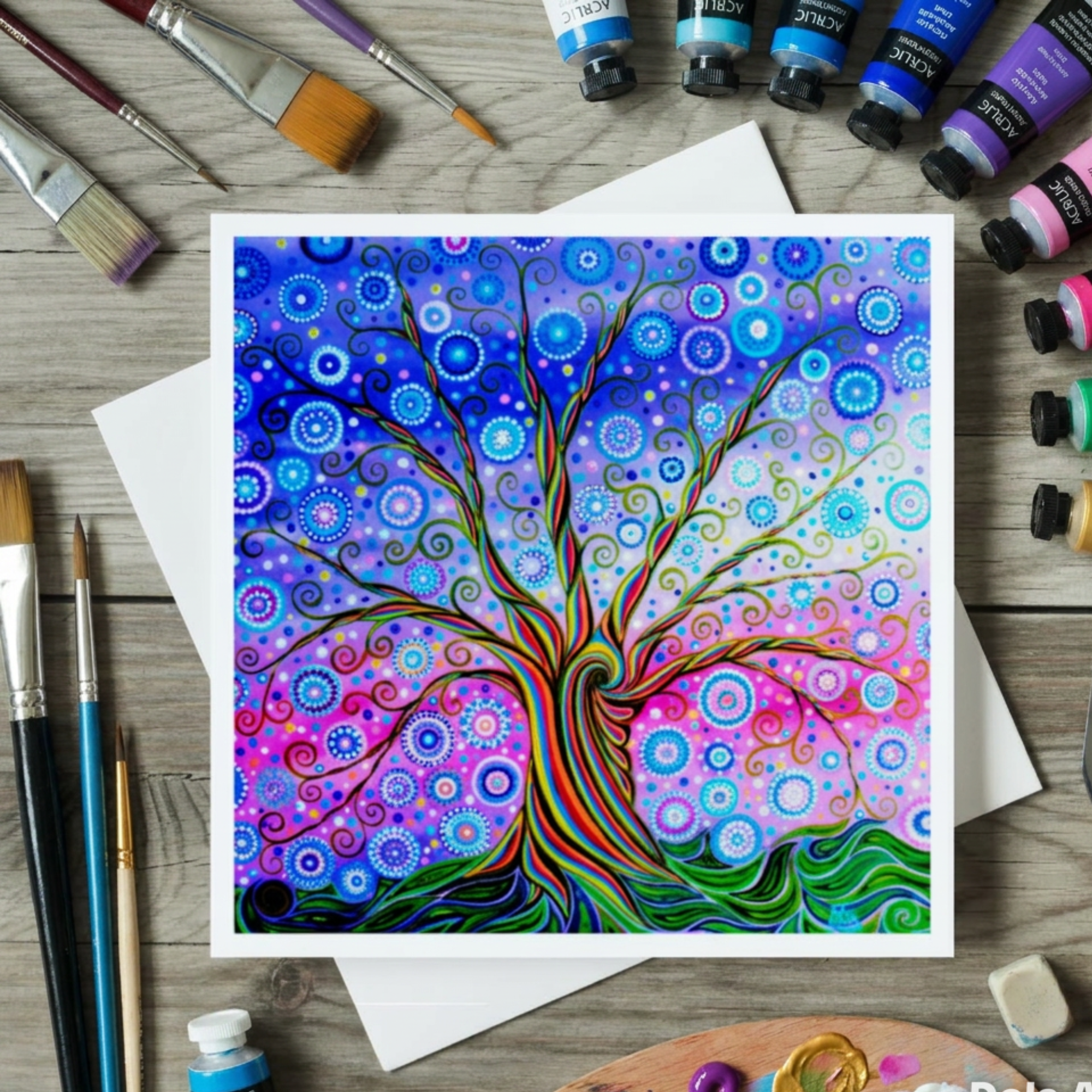 Colourful abstract tree of life painting greeting card on a wooden surface with art supplies.