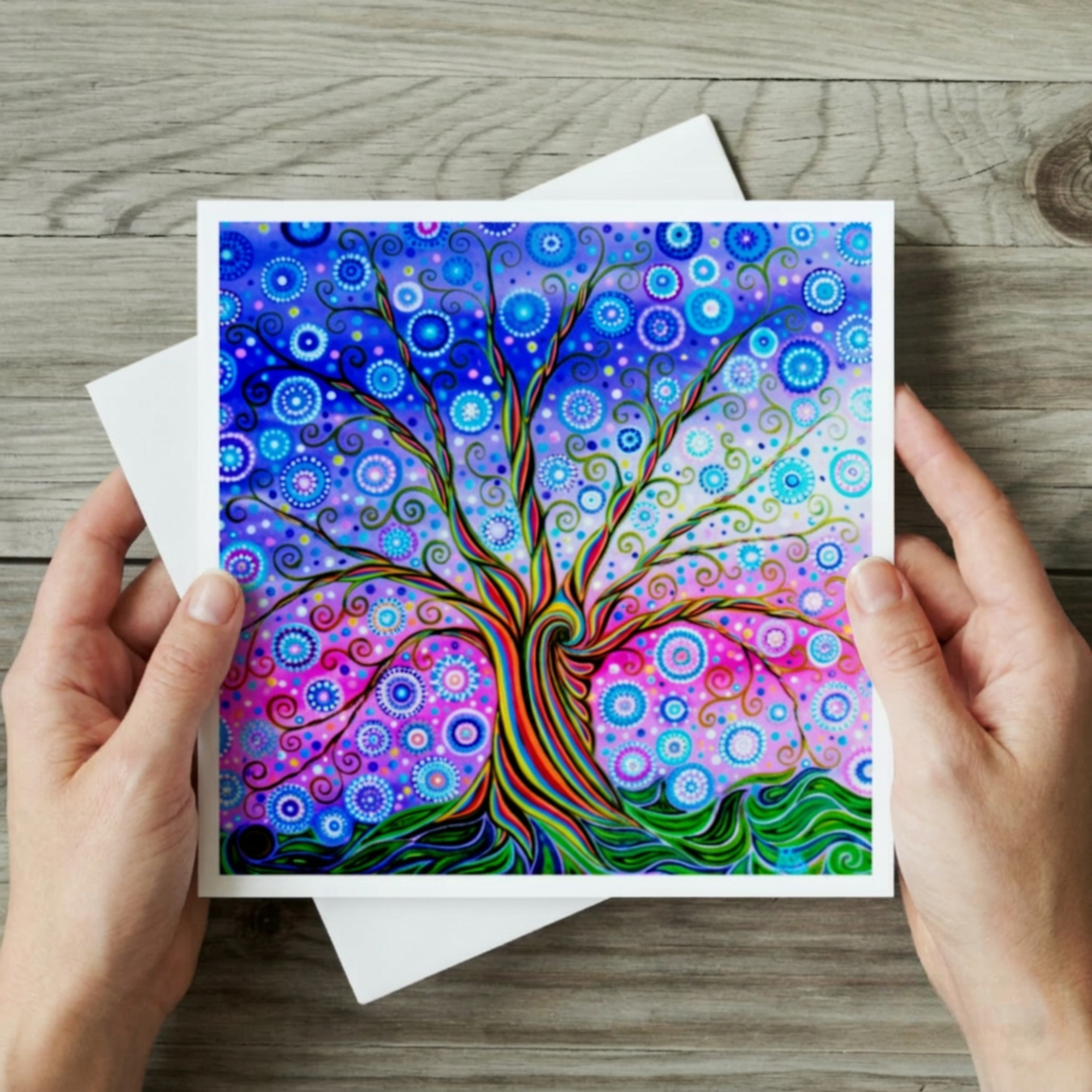 Colourful tree of life artwork held by hands on a wooden surface