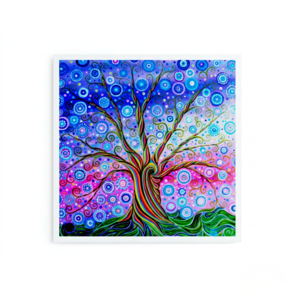 Colourful abstract painting of a tree  with a spiral candy trunk with a starry  mandala night background greeting card