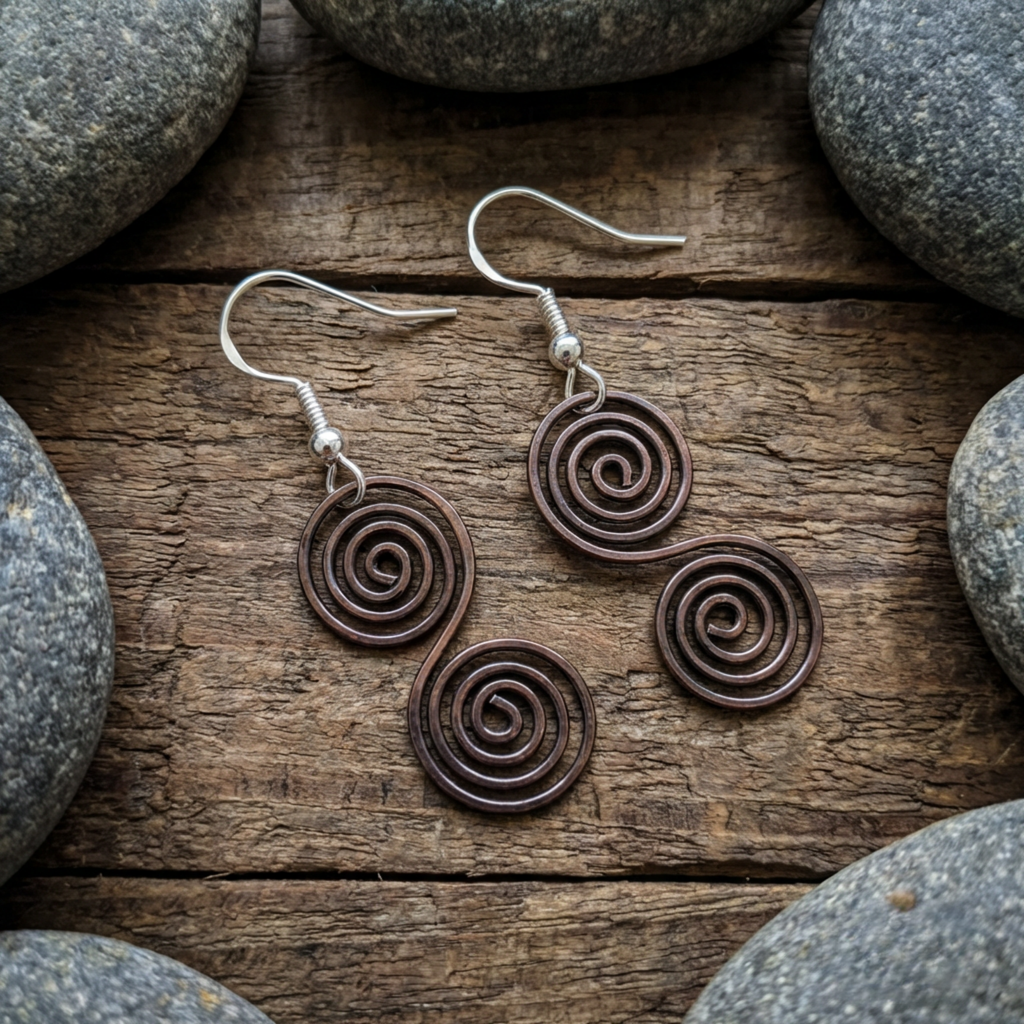 Celtic copper spiral earrings close-up detail, oxidised Celtic wire design handmade UK