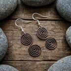 Celtic copper spiral earrings close-up detail, oxidised Celtic wire design handmade UK