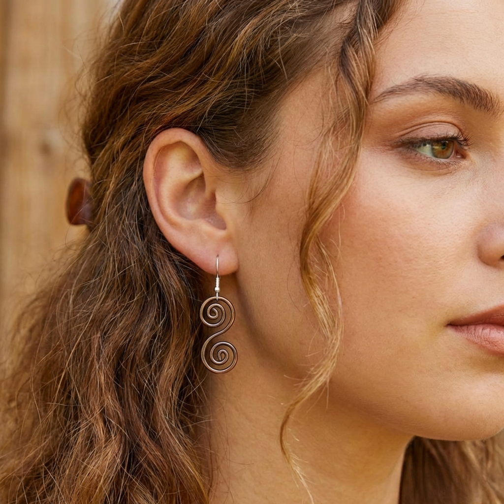 Celtic copper spiral earrings modelled, handmade copper jewellery, gift for her UK