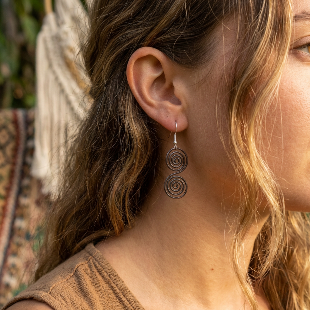 Celtic copper spiral earrings, full view, handmade boho drop earrings, gift for her UK