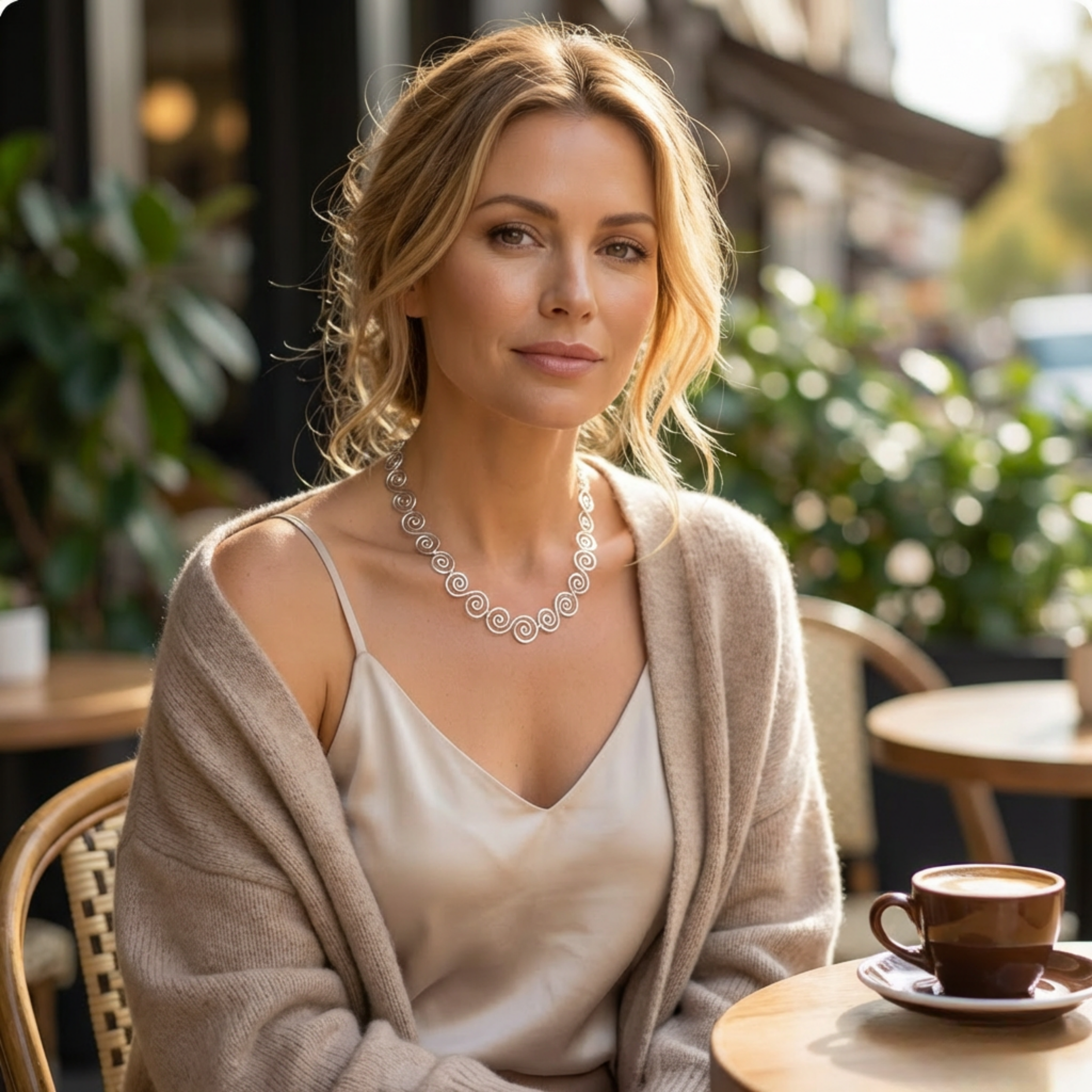 Woman sitting at an outdoor cafe with a cup of coffee, wearing a large statement Celtic spiral silver necklace.