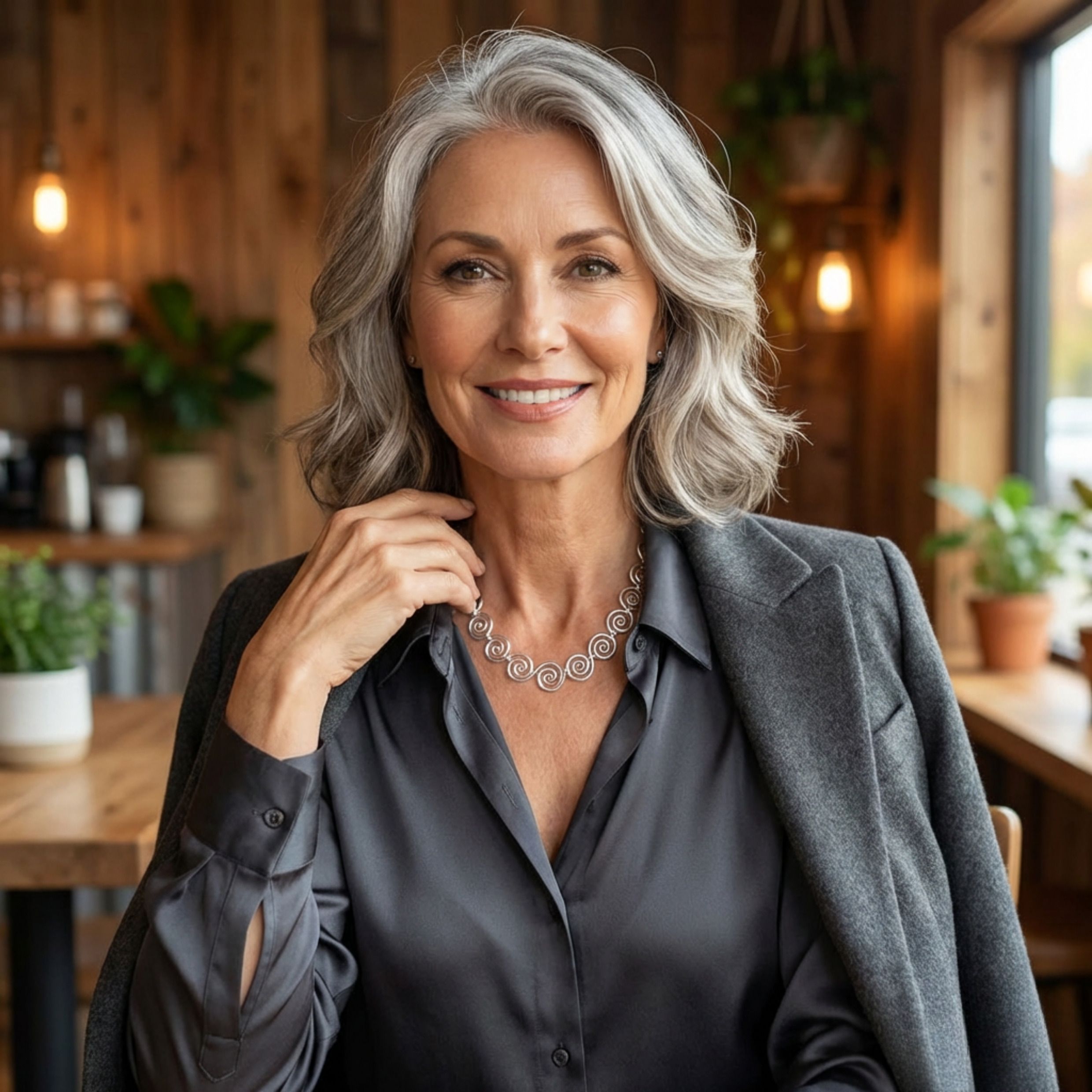 Woman with gray hair wearing a gray blazer and shirt in a cozy indoor setting. Wearing a statement Celtic spiral necklace in silver