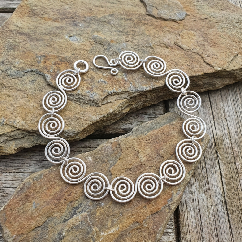S shaped Celtic silver spiral bracelet on a stone surface