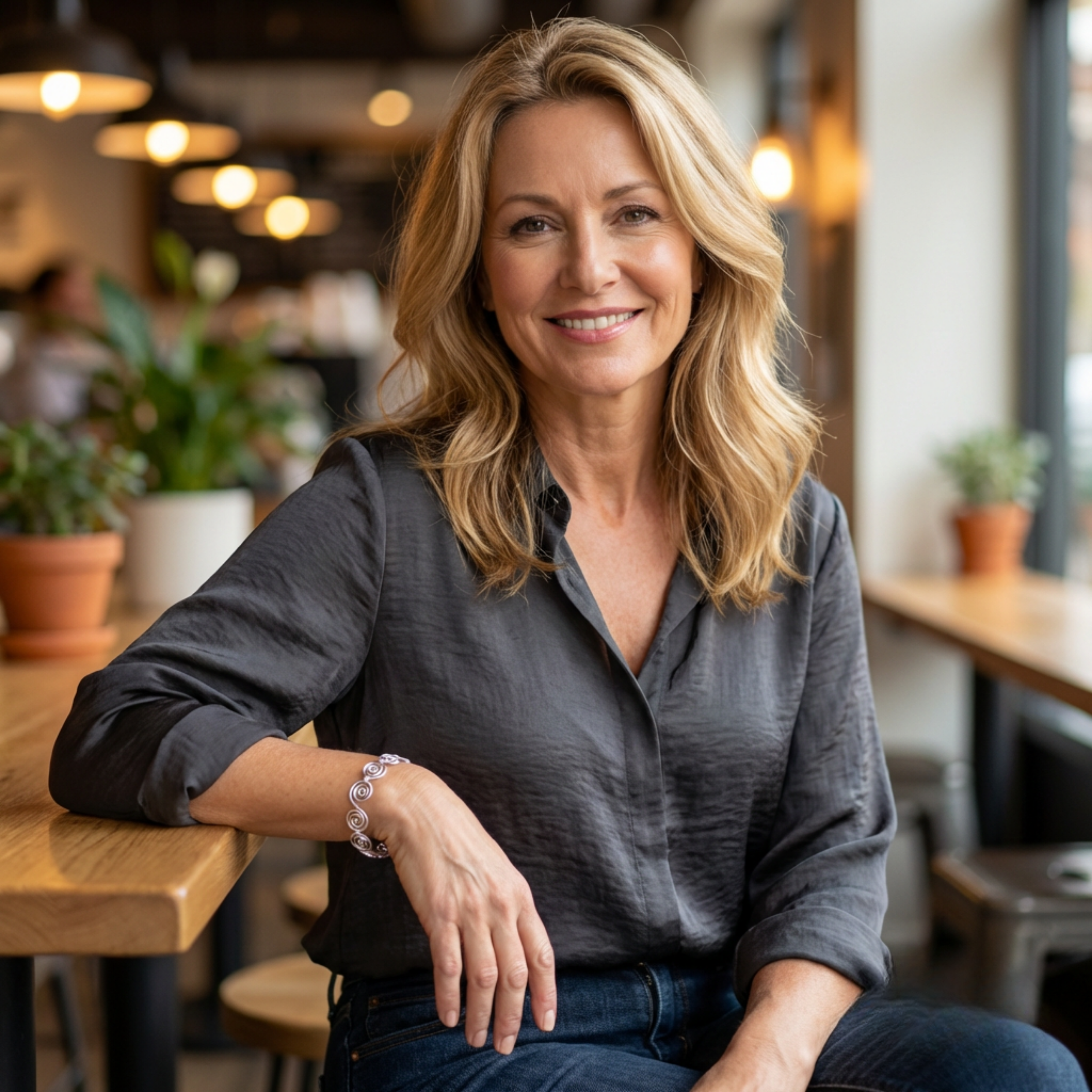 woman in a cafe setting wearing casual clothing and a silver spiral bracelet