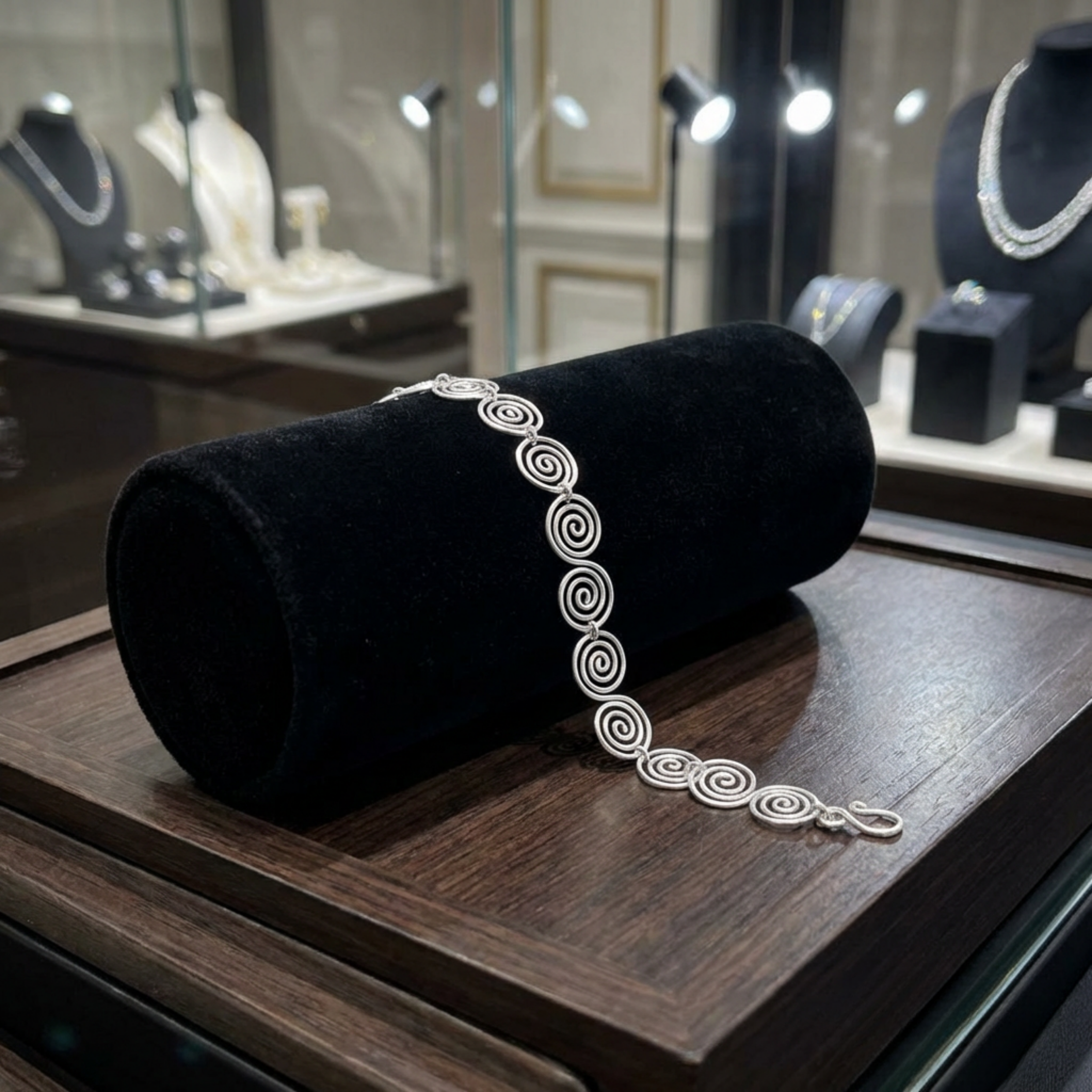 Jewellery shop display with a silver spiral bracelet
