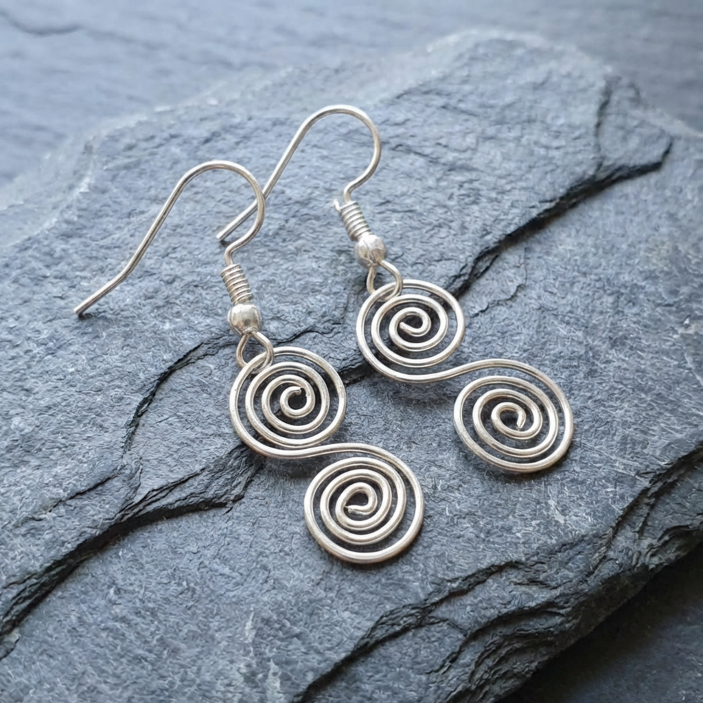 Silver spiral earrings on a dark stone surface