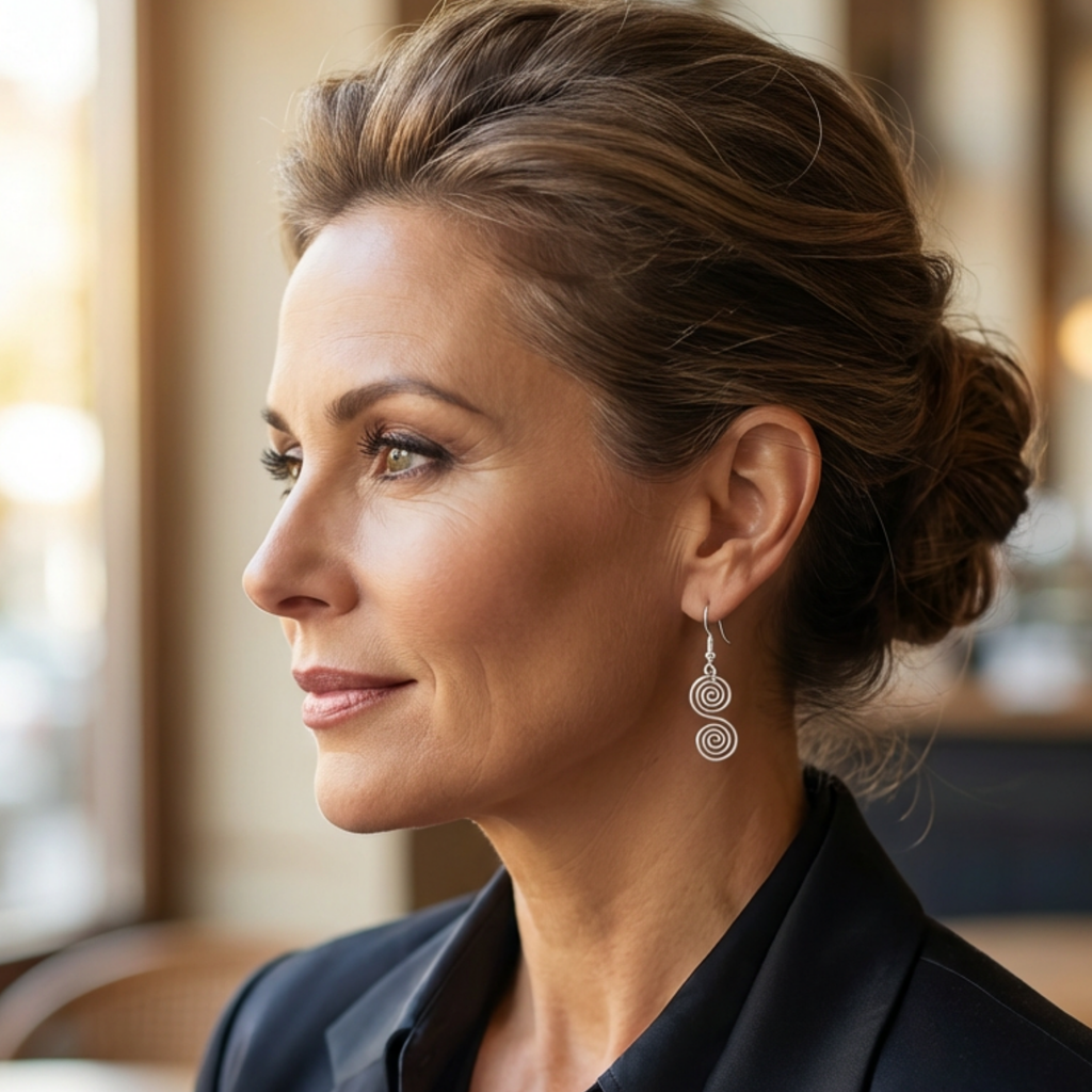 Woman wearing a black blazer with a blurred indoor background and a pair of Celtic silver spiral earrings