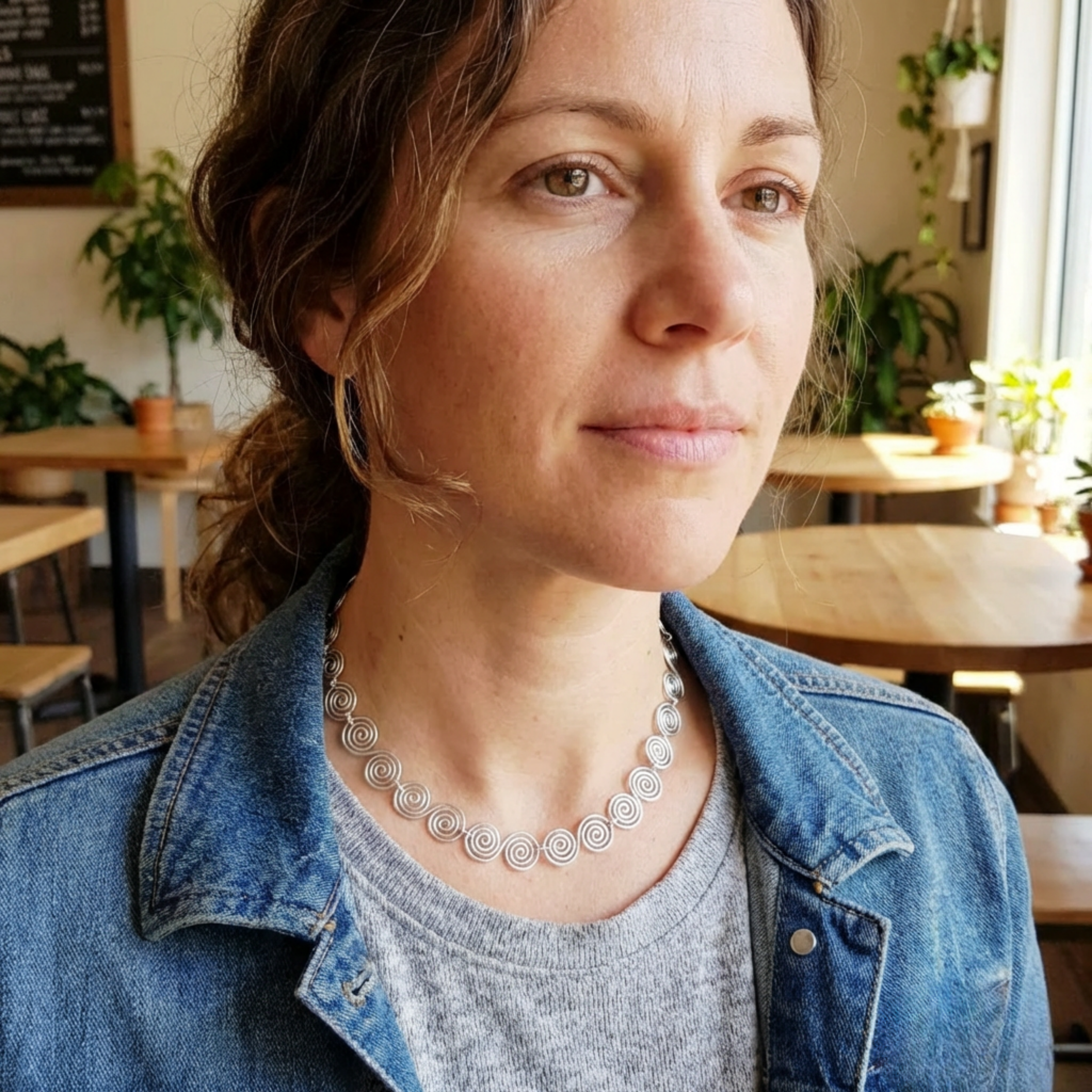 Young model wearing a silver spiral necklace similar to the one worn by Alice Roberts