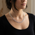 Celtic Silver spiral necklace worn by a model in her 30s in a black round neck top