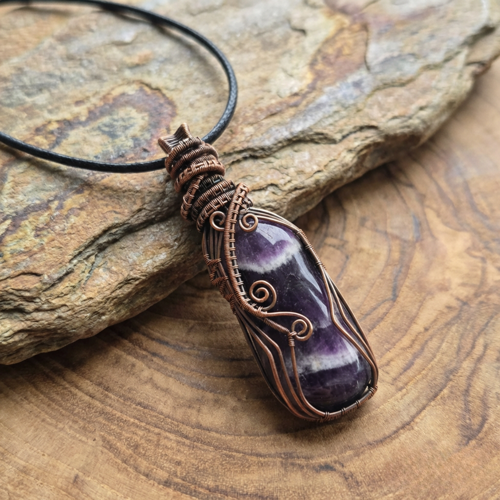 Amethyst pendant with copper wire wrapping on a wooden surface