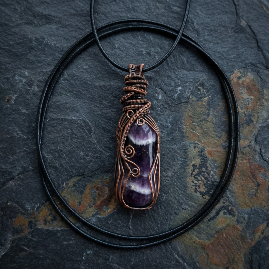 Purple amethyst stone pendant with copper wire wrapping on a black cord against a textured dark background