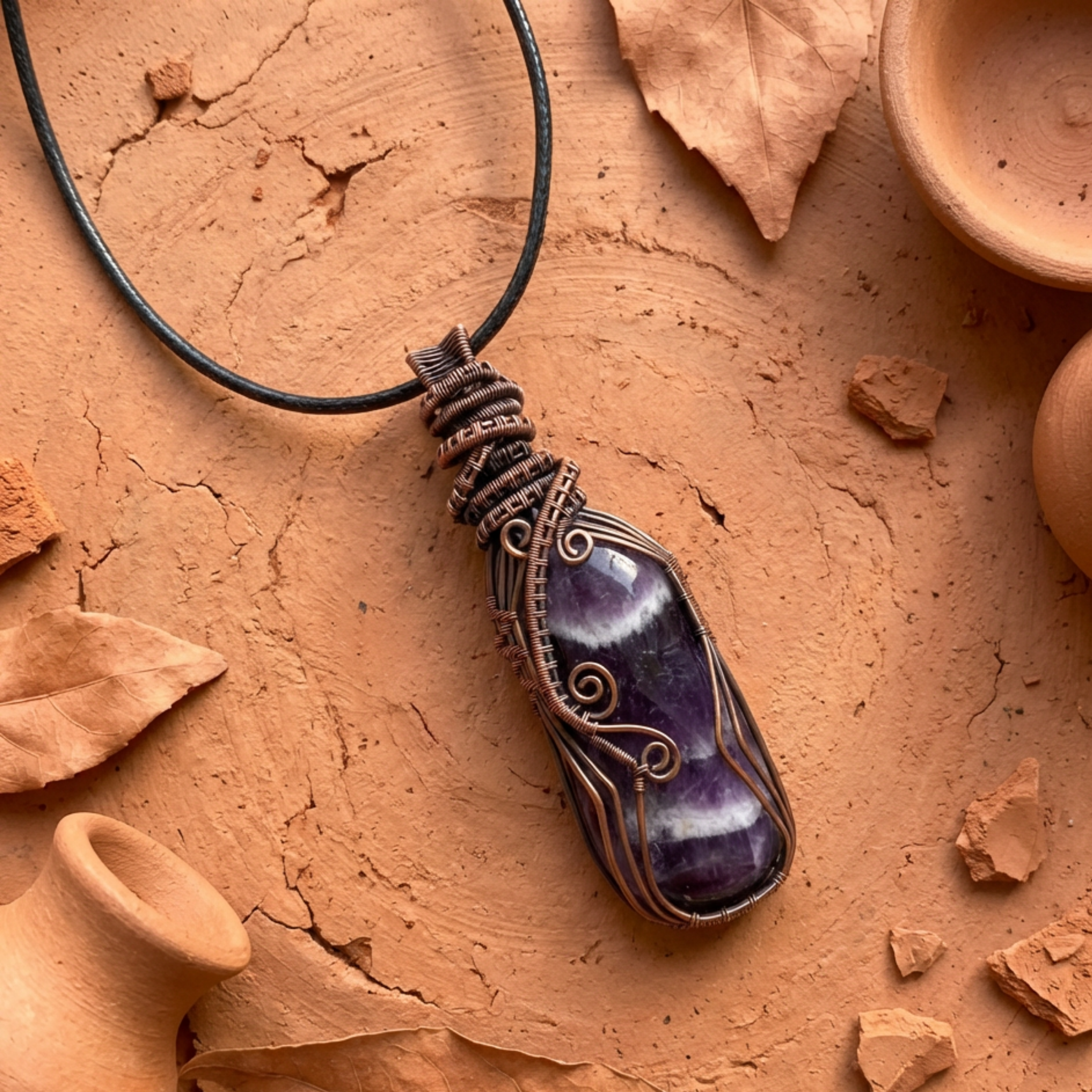 Purple amethyst stone pendant on a black cord with terracotta pots and leaves on a brown background