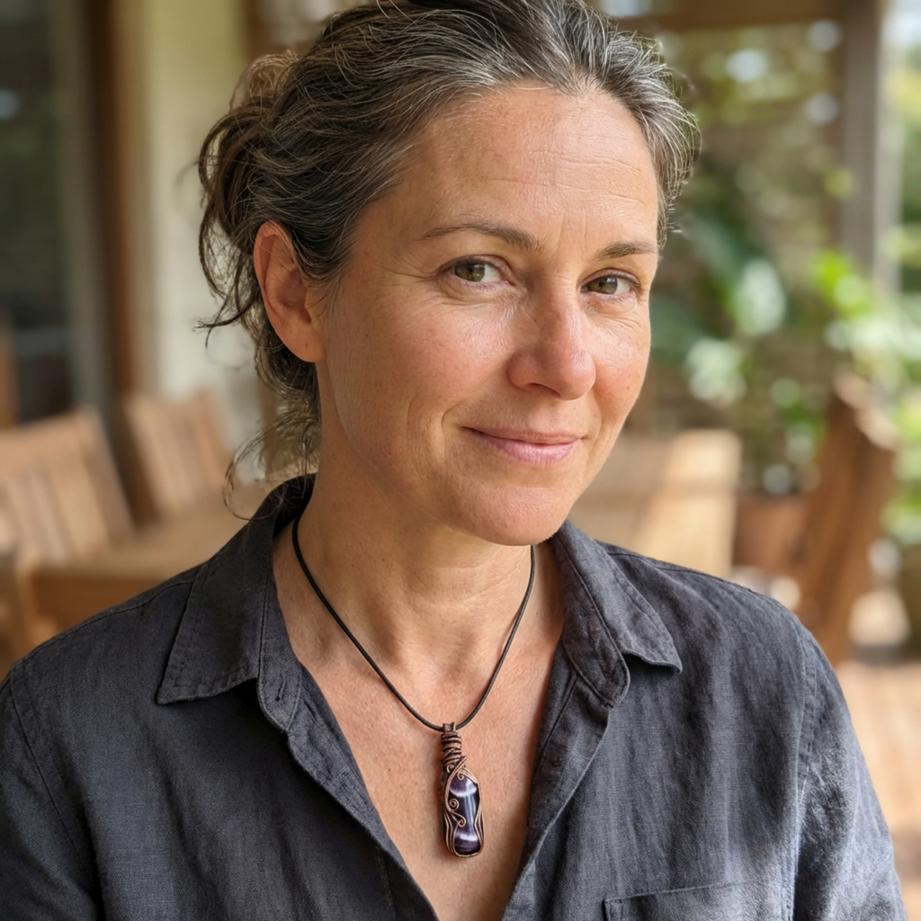 Woman wearing a dark shirt and an amethyst necklace with a blurred outdoor background