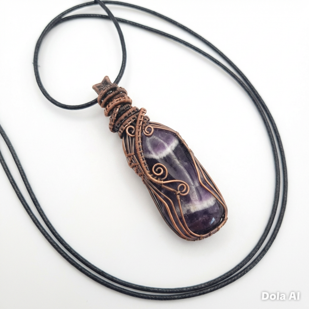 Amethyst pendant with copper wire wrapping on a black cord against a white background